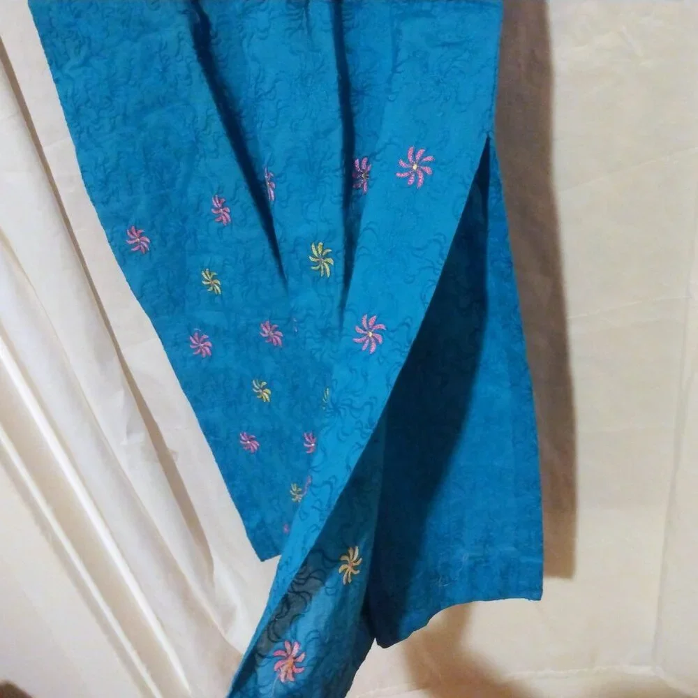Artisan Embroidered Teal Blue Dress Spiral Detail M/L Boho Festival Jewel Tones - Picture 4 of 9